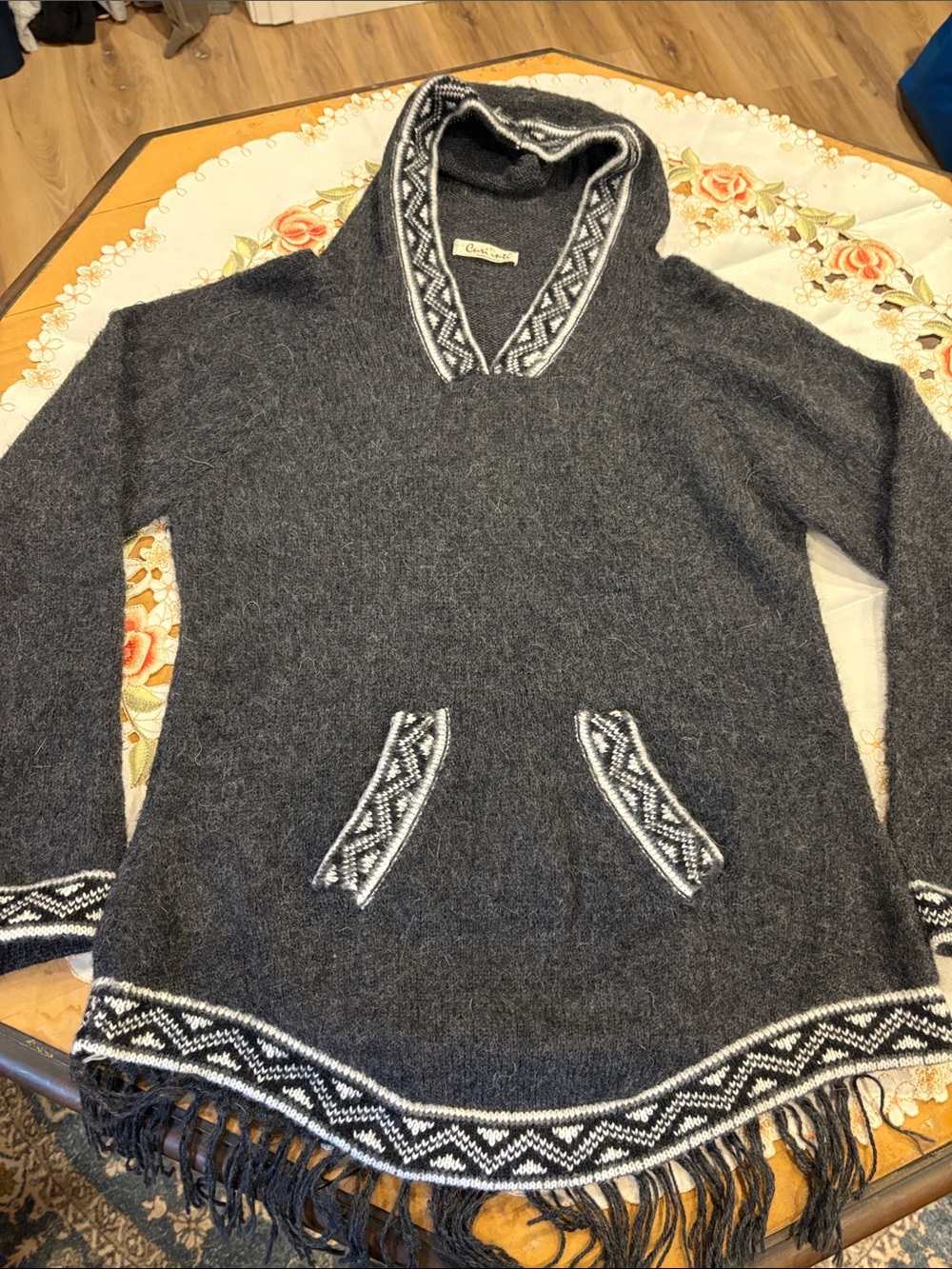 Cozy Gray Hooded alpaca Women's Sweater with Fringe